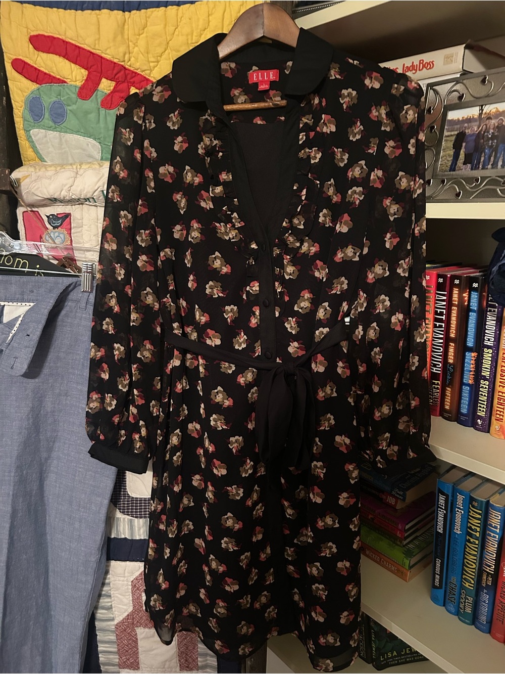 Elle Black Floral Tie-Waist Dress with Pink and Cream Accents